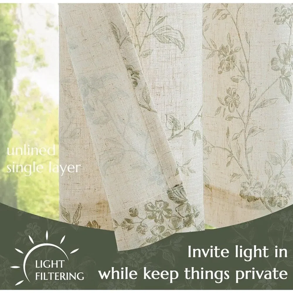 Floral Kitchen Curtains 30 Inch Linen Tier Curtains Farmhouse Cafe Green 2 Panel